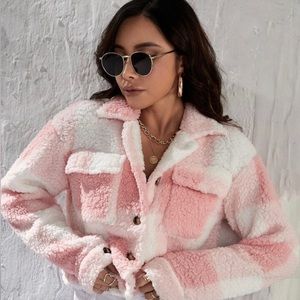 SHEIN Pink and White Checkered Teddy Jacket